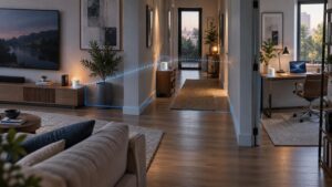 Wide view of a modern home interior with three small white Wi-Fi mesh nodes in the living room, hallway, and home office, linked by glowing blue paths and dotted wireless signals.