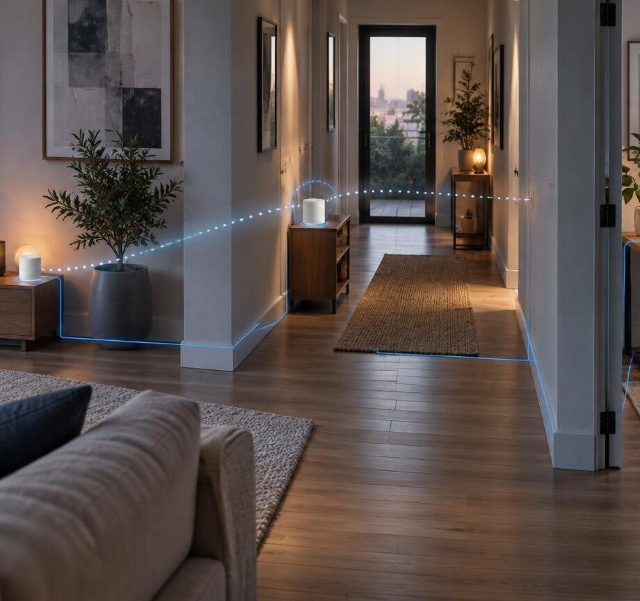 Wide view of a modern home interior with three small white Wi-Fi mesh nodes in the living room, hallway, and home office, linked by glowing blue paths and dotted wireless signals.