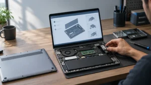 Person replacing a component inside an opened laptop on a desk, with the removed bottom cover, tools, parts trays, and an on-screen repair diagram visible.