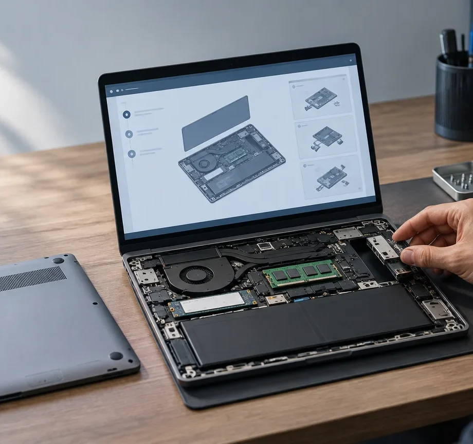 Person replacing a component inside an opened laptop on a desk, with the removed bottom cover, tools, parts trays, and an on-screen repair diagram visible.