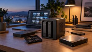 A dual-bay desktop storage enclosure, a bare hard drive, and several small storage devices sit on a wooden desk beside a laptop displaying a grid of photo thumbnails at dusk.