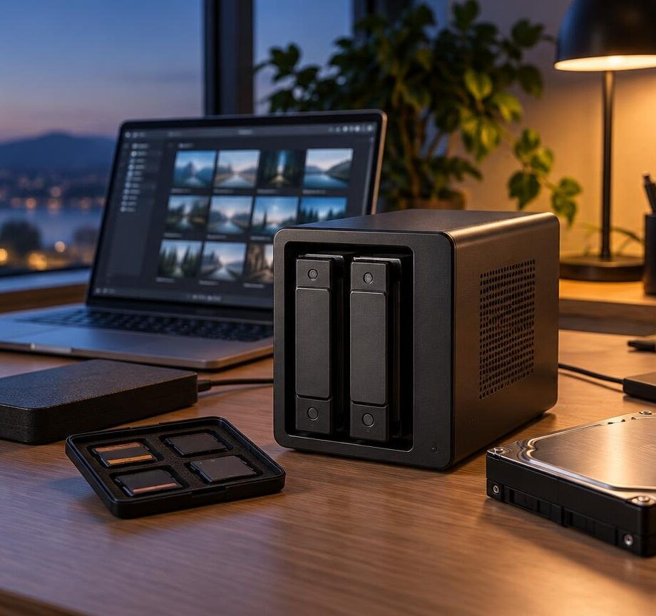 A dual-bay desktop storage enclosure, a bare hard drive, and several small storage devices sit on a wooden desk beside a laptop displaying a grid of photo thumbnails at dusk.