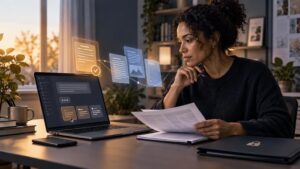 Woman at a desk reviewing a printed document beside a laptop with an abstract chat-style interface, surrounded by floating translucent document panels and a checkmark graphic; a closed laptop with a lock symbol sits in the foreground.