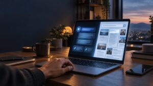 A person uses a laptop on a wooden desk at dusk, with an abstract split-screen search interface glowing on the display. A coffee mug, notebook, pen, potted plants, and a smartphone sit nearby, with a city view through the window.