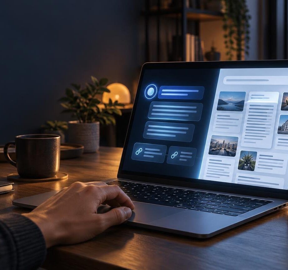 A person uses a laptop on a wooden desk at dusk, with an abstract split-screen search interface glowing on the display. A coffee mug, notebook, pen, potted plants, and a smartphone sit nearby, with a city view through the window.