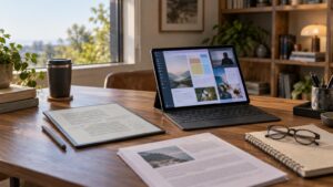 Warm home-office desk with a grayscale e-ink tablet showing annotated documents beside a larger color touchscreen tablet on a keyboard case displaying a dashboard-like interface, with papers, a stylus, coffee, glasses, and plants nearby.