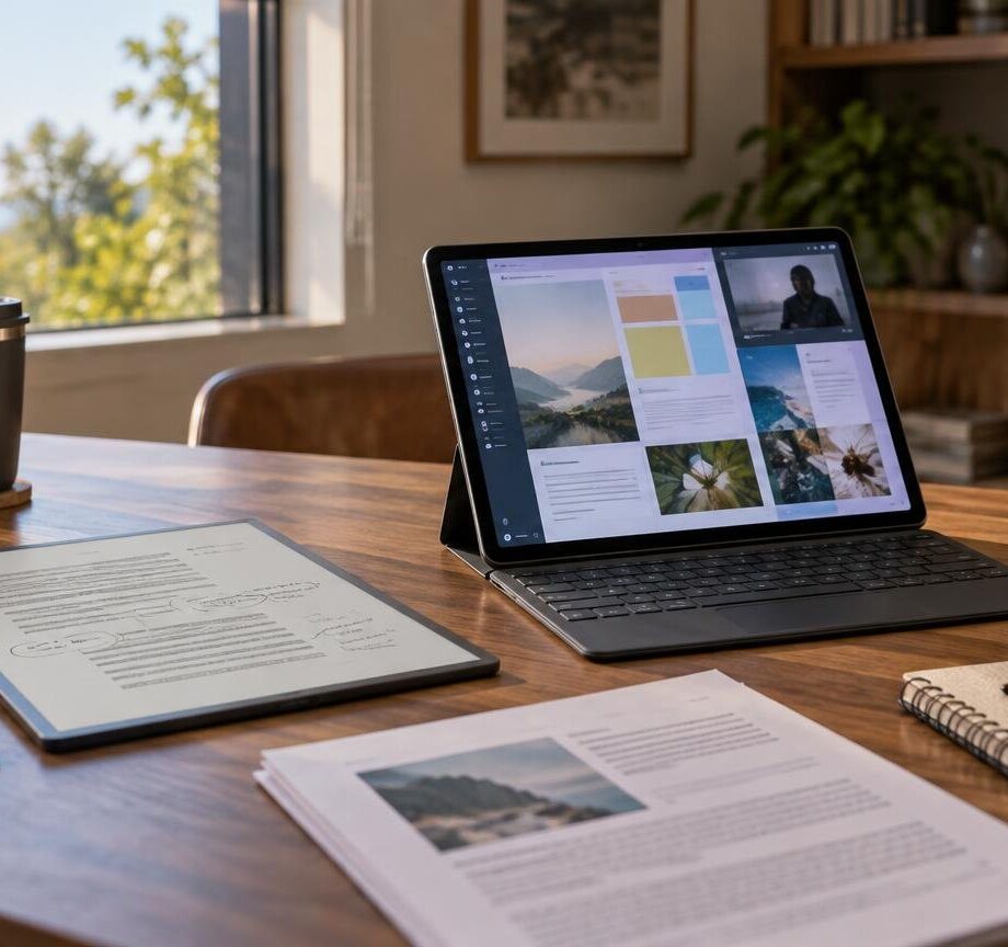 Warm home-office desk with a grayscale e-ink tablet showing annotated documents beside a larger color touchscreen tablet on a keyboard case displaying a dashboard-like interface, with papers, a stylus, coffee, glasses, and plants nearby.