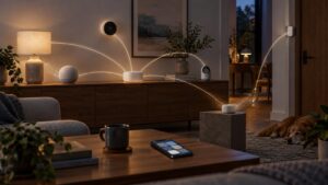 Warmly lit living room with several smart-home devices on a sideboard, wall and table, a phone showing abstract control tiles, and glowing curved lines illustrating connections between devices; a dog rests near the doorway.