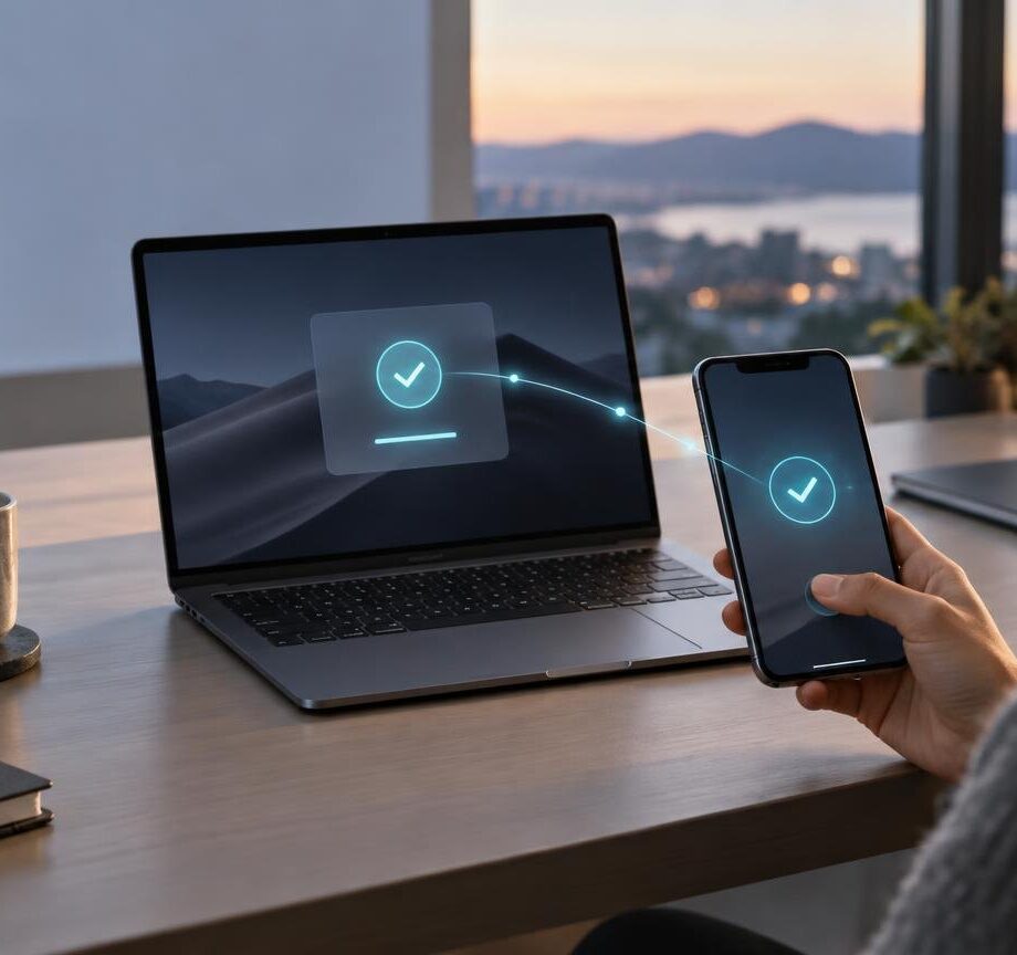 Person at a desk holding a smartphone with a glowing checkmark beside a laptop showing a matching approval symbol, suggesting a cross-device sign-in confirmation.