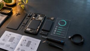 Disassembled smartphone, battery, camera modules, screws, tools, and a repair guide spread across a dark workbench beside a translucent panel with a teal circular score graphic.
