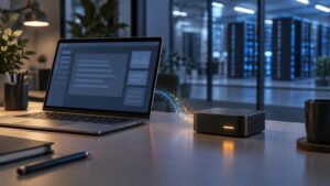 Laptop with an abstract dark interface beside a compact local computing device, with glowing data-like particles between them and server racks in the background.