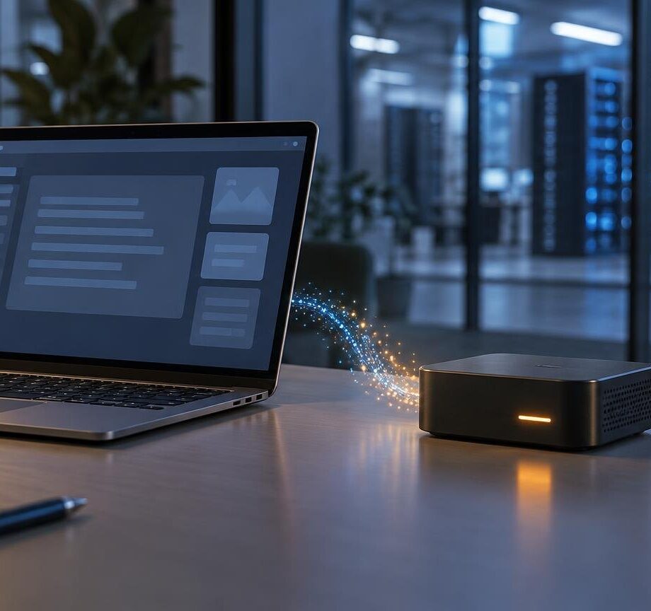 Laptop with an abstract dark interface beside a compact local computing device, with glowing data-like particles between them and server racks in the background.
