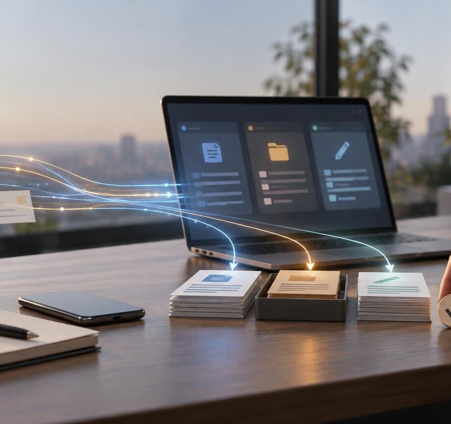 A hand places a checkmark token beside sorted stacks of cards on a desk, while glowing lines connect incoming document cards to a laptop showing abstract workflow panels.