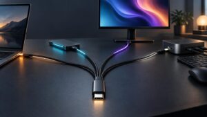 Desk setup with a laptop, monitor, dock, and several USB-C-style cables converging around a prominent connector in the foreground.